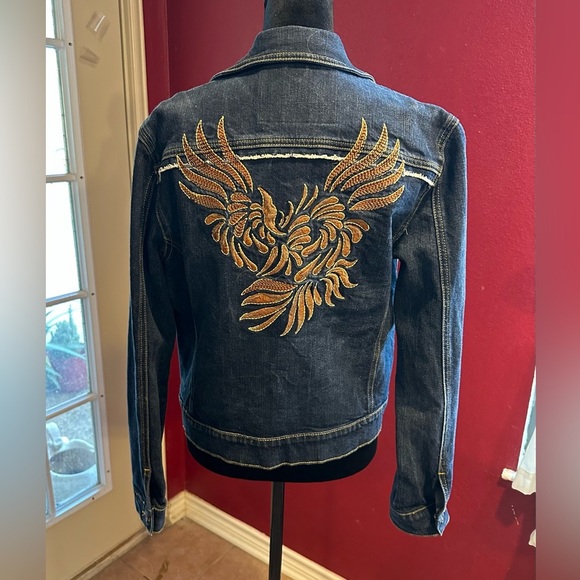 Fiorucci Women's Y2K Size Medium Cotton Denim Embroidered Jean Jacket - Picture 2 of 11